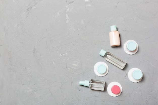 A top-down view of various skincare products neatly arranged on a minimalist white surface, including a cleanser, serum, and moisturizer, emphasizing a complete routine.