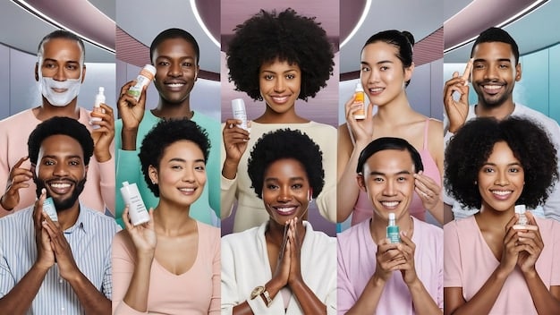 A diverse group of young adults smiling, showcasing clear, healthy skin, holding various affordable drugstore skincare products, highlighting accessibility and inclusivity in skincare.