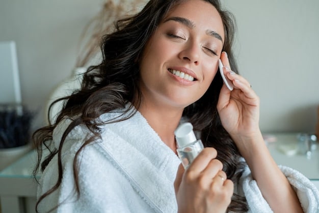 A calm, serene person, possibly with sensitive skin, carefully applying a serum to her face, focusing on a gentle and precise application.