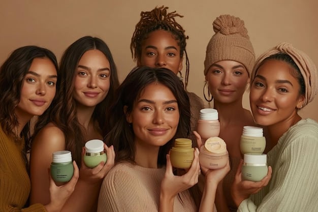 A diverse group of people's hands holding various skincare products (scrubs, serums, masks), demonstrating the range of choices for different skin types, with a focus on product diversity.