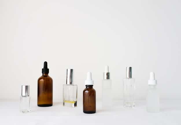 Close-up of various skincare ingredients in small glass bottles, such as retinol serum, hyaluronic acid, and peptide moisturizer, on a minimalist white background.