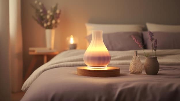 A peaceful bedroom scene with a silk pillowcase, diffuser misting, and a dim lamp, symbolizing an ideal environment for restorative sleep and skincare.
