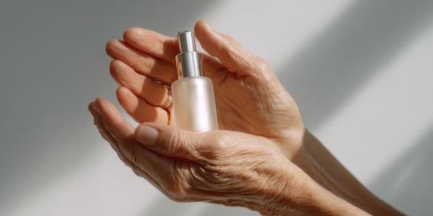 A person's hand applying a delicate amount of serum onto a mature but well-hydrated face, highlighting the anti-aging and skin health benefits of hyaluronic acid.