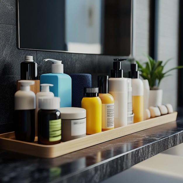 A neat arrangement of essential men's skincare products on a bathroom shelf: a cleanser, a moisturizer, and a sunscreen, highlighting their roles in a healthy routine.
