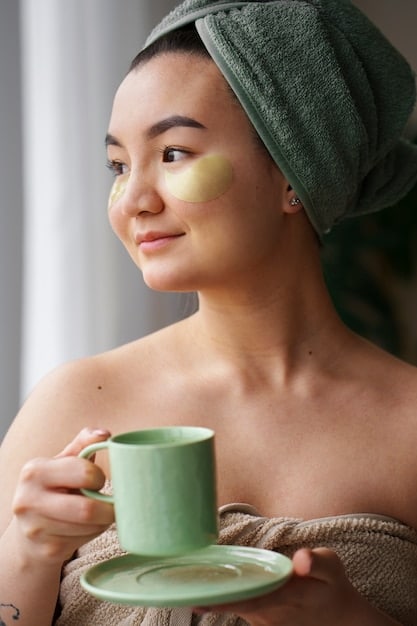 A woman gently applying a green tea infused face mask, with a serene expression, indicating natural and calming skincare.