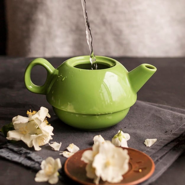 A close-up of a gentle hand pouring green tea from a delicate teapot into a small ceramic cup, with steam rising, emphasizing purity and freshness.