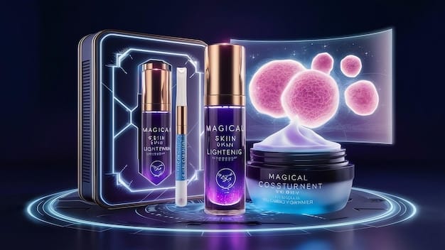 A futuristic rendering of advanced skincare research, with scientists examining peptide structures and cellular interactions on high-tech screens, indicating innovation in skincare.