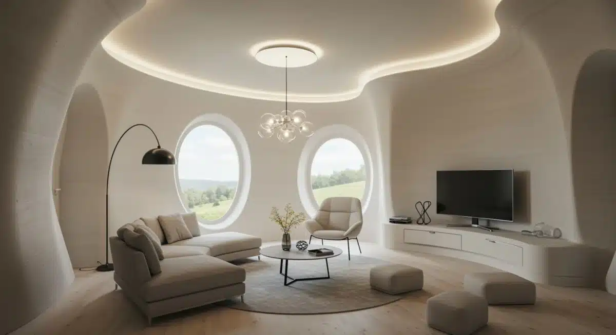 Interior of a finished 3D-printed home, highlighting modern design and living space.