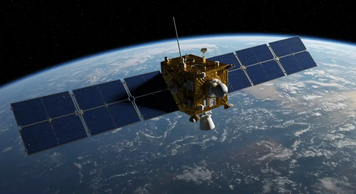 Advanced satellite in Earth orbit, with solar panels and communication arrays visible.
