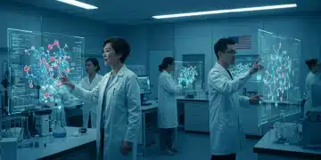 AI-driven drug discovery in a US lab, visualizing molecular interactions