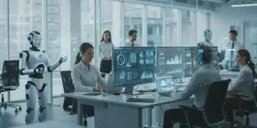 AI and human collaboration in a modern office setting.