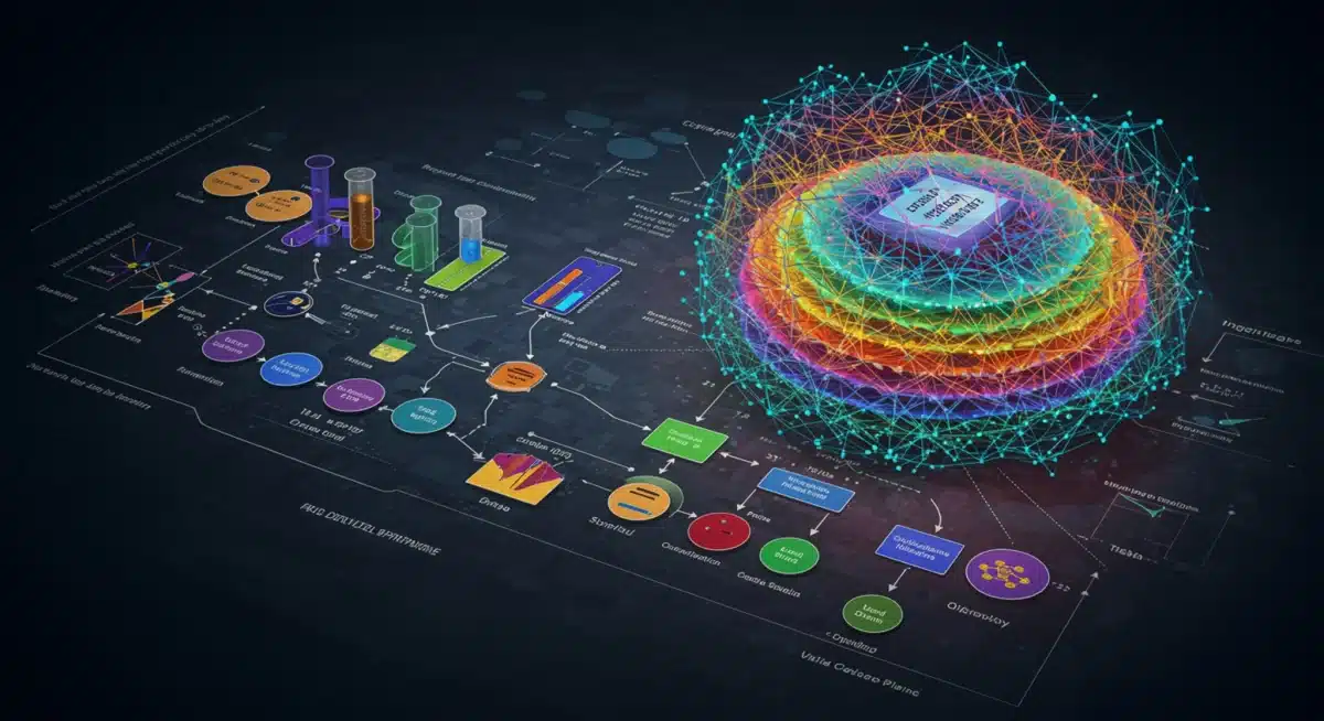 Neural network visualizing AI's role in drug development pipeline