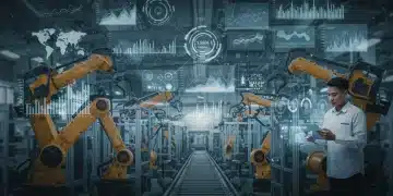Robotic arms on an assembly line with human workers, symbolizing automation's impact on the US economy by 2030.