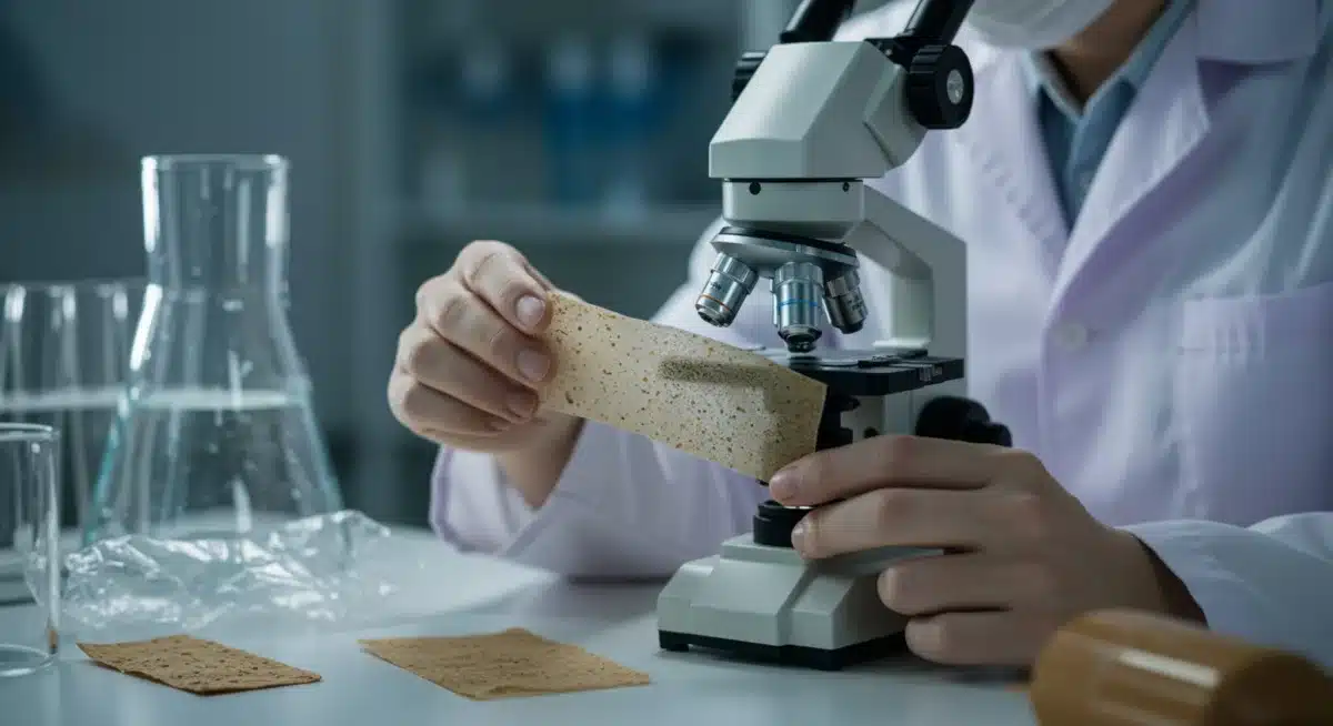 Scientist examining biodegradable plastic, symbolizing sustainable materials research.