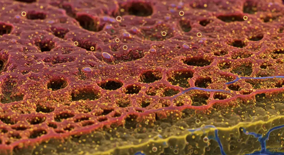 Microscopic view of bioprinted tissue scaffold with cellular detail