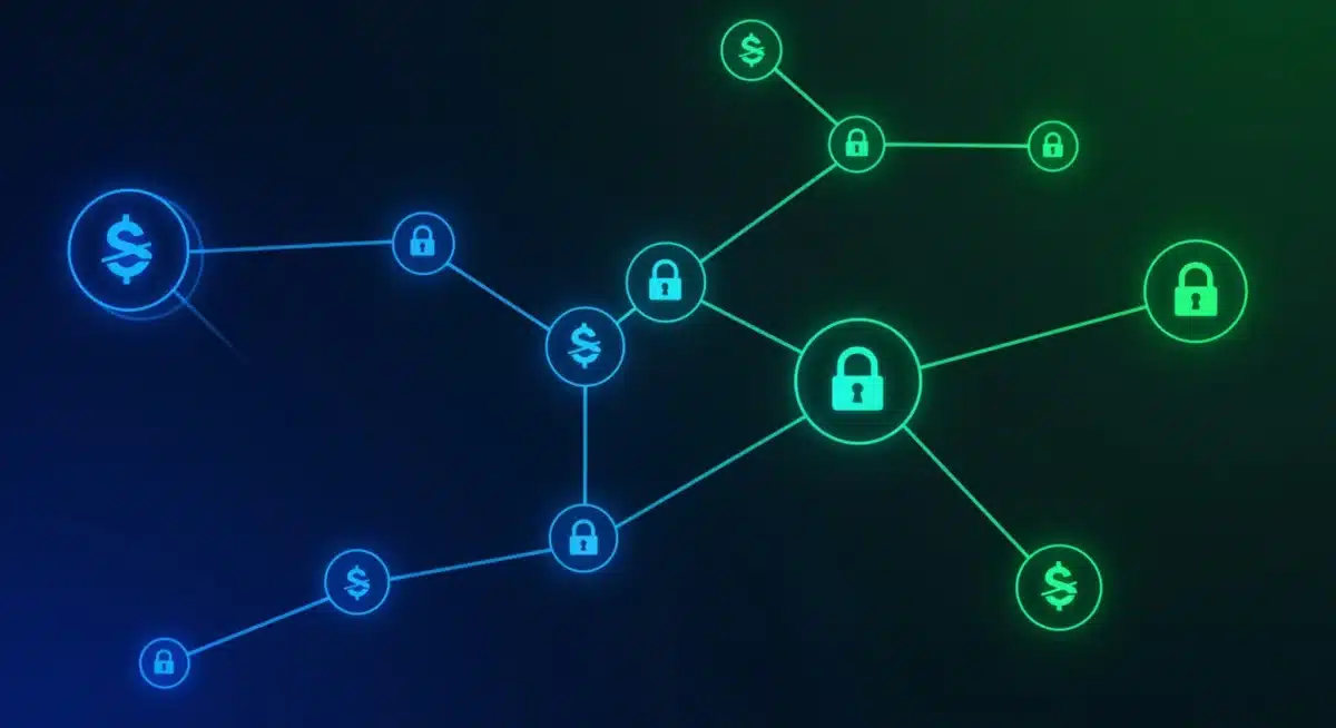 Interconnected blockchain nodes with digital coins and security locks, symbolizing secure fintech transactions.
