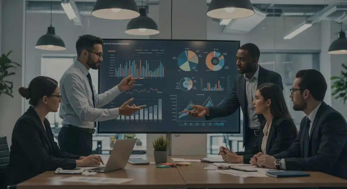 Business team analyzing economic data and market trends for 2025 growth planning