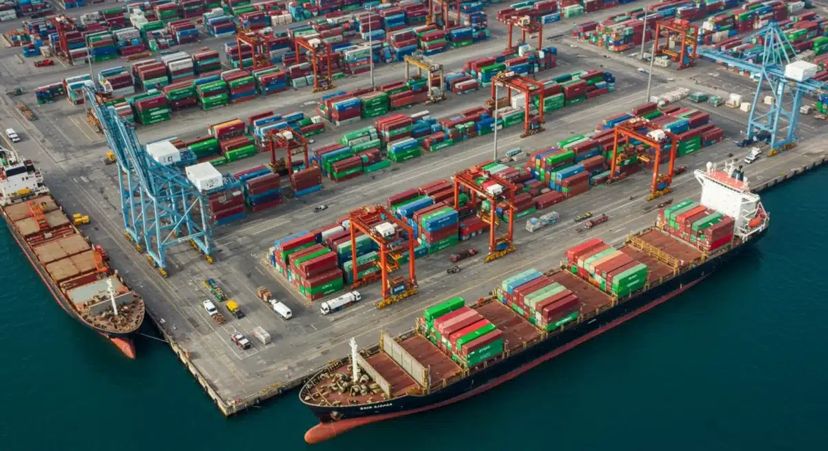 Cargo ships at a bustling port, symbolizing international trade volume.