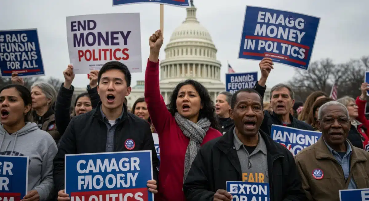 Citizens at a rally advocating for campaign finance reform and fair elections.