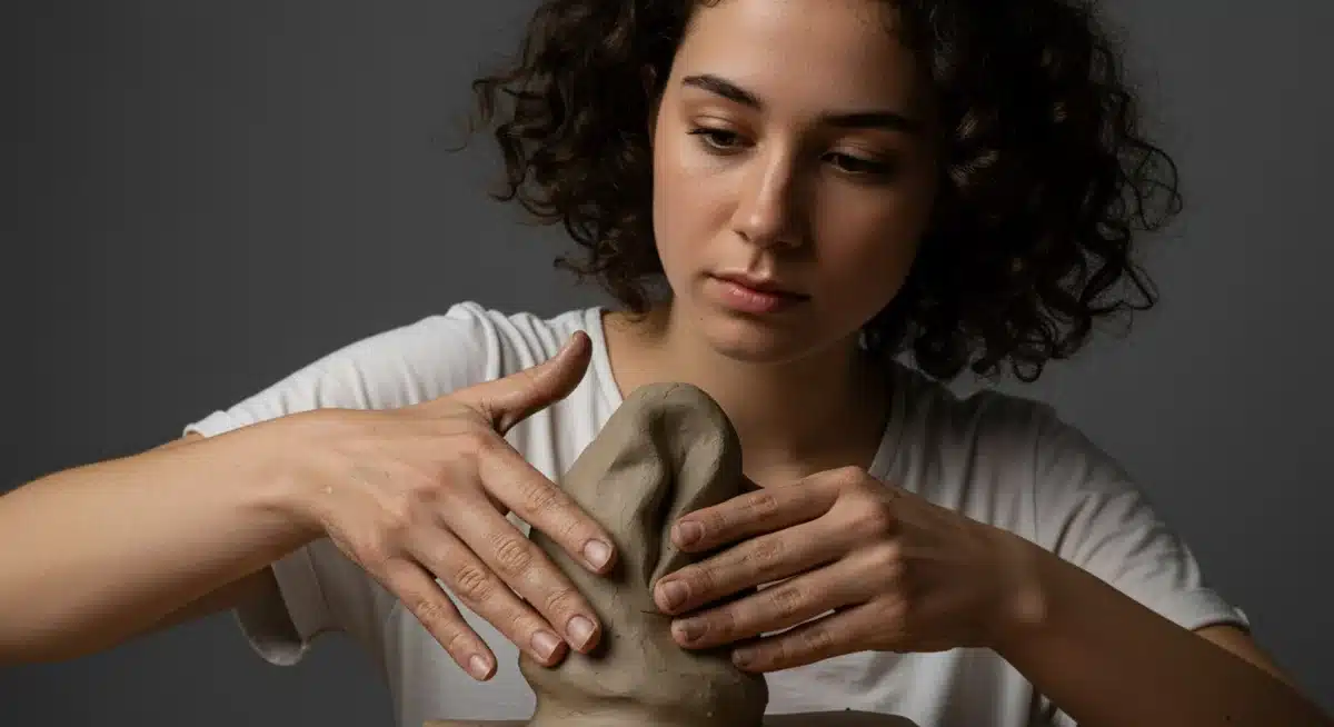 Hands shaping clay into an abstract form, representing tactile art therapy and emotional release.