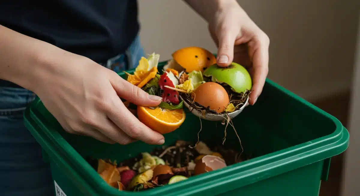 Hands composting food scraps, demonstrating waste reduction efforts.