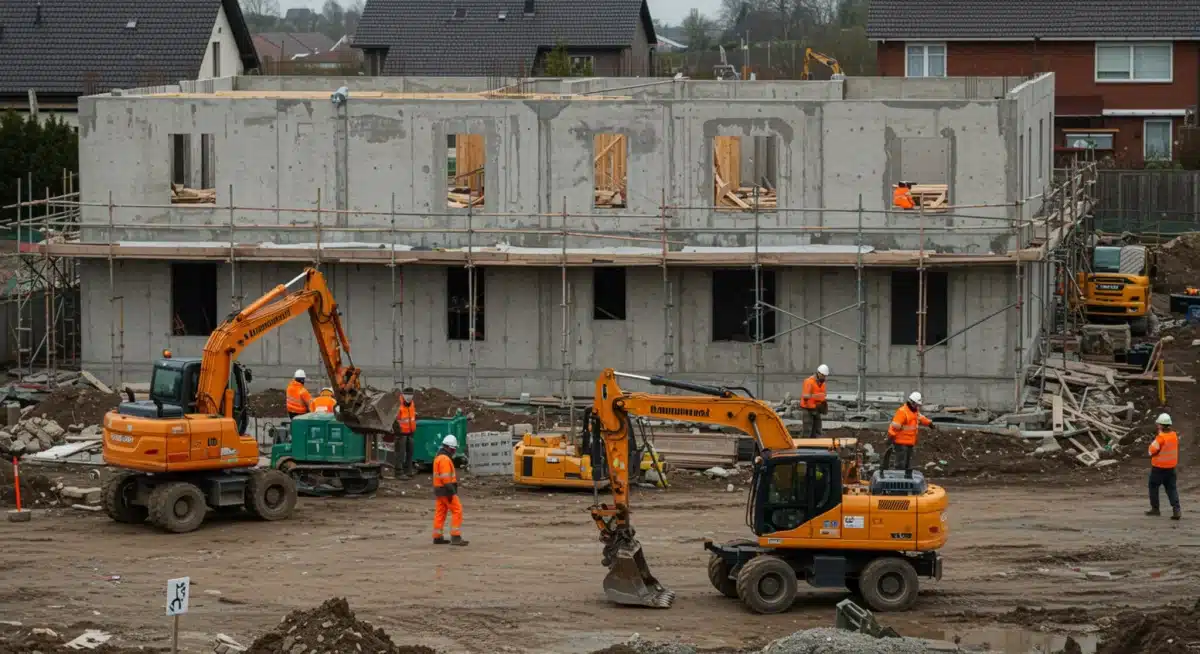 Quiet construction site with idle equipment, signifying a slowdown in the building sector.