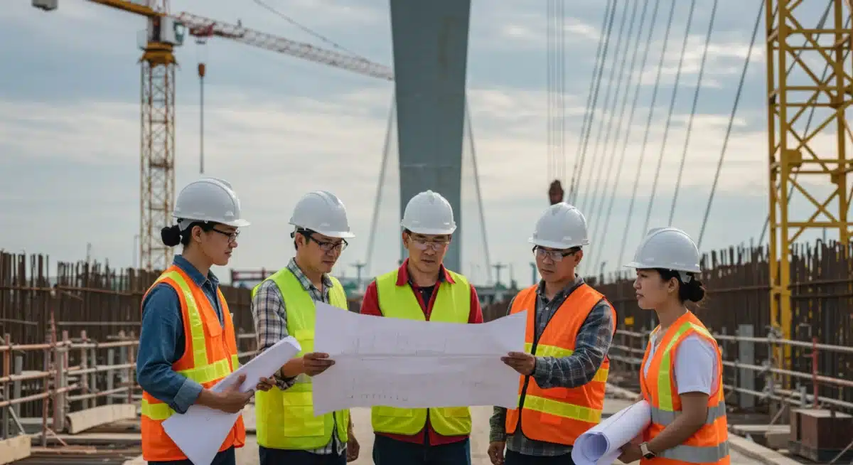 Construction workers discussing blueprints on bridge site