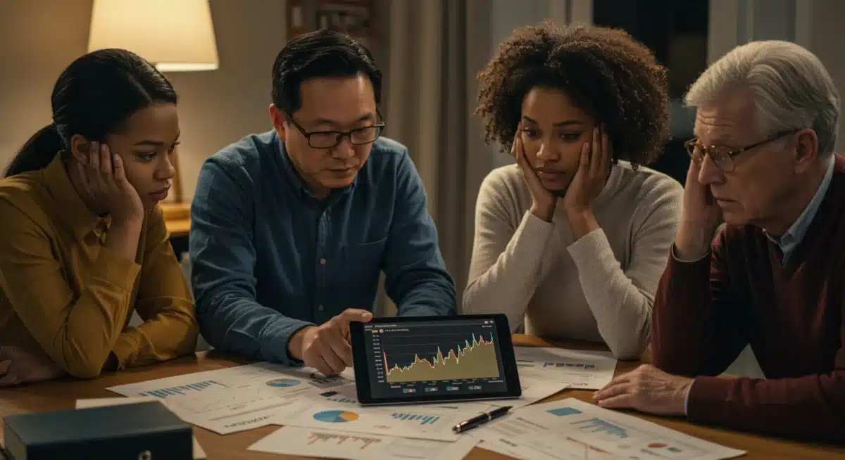 People discussing financial data, reflecting consumer and investor reaction to housing market shifts.