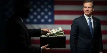 Shadowy figure giving money to a politician, symbolizing dark money influence.