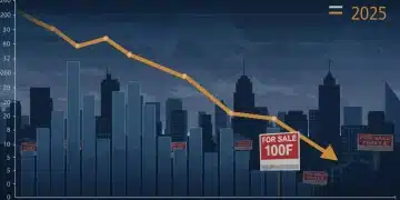 Graph showing a downward trend in housing prices with a city skyline in the background, symbolizing the declining US housing market in 2025.
