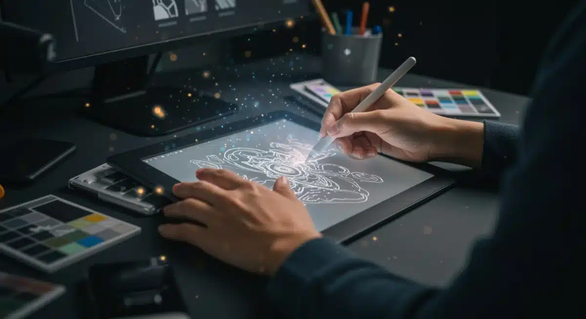 Artist creating digital art on a tablet, showcasing modern creativity