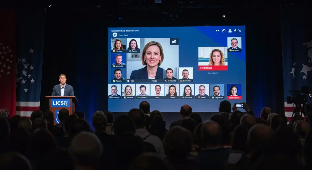Digital representation of a political rally with a candidate addressing a virtual audience through social media.
