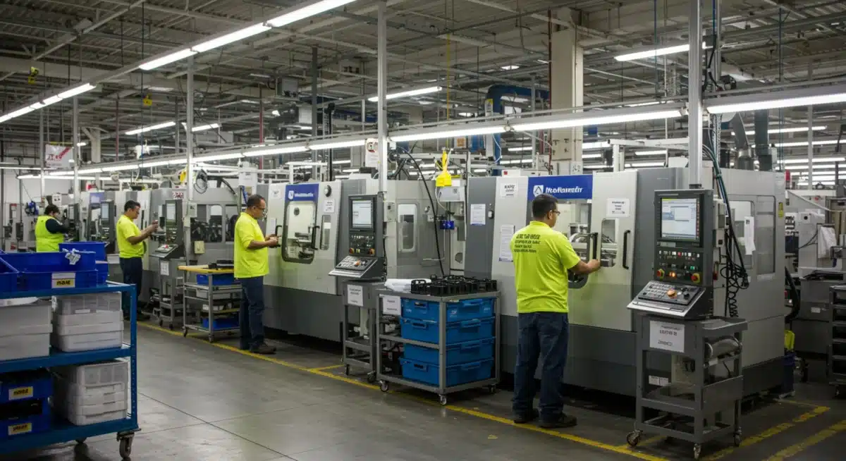 American factory workers on a modern production line, symbolizing domestic manufacturing.