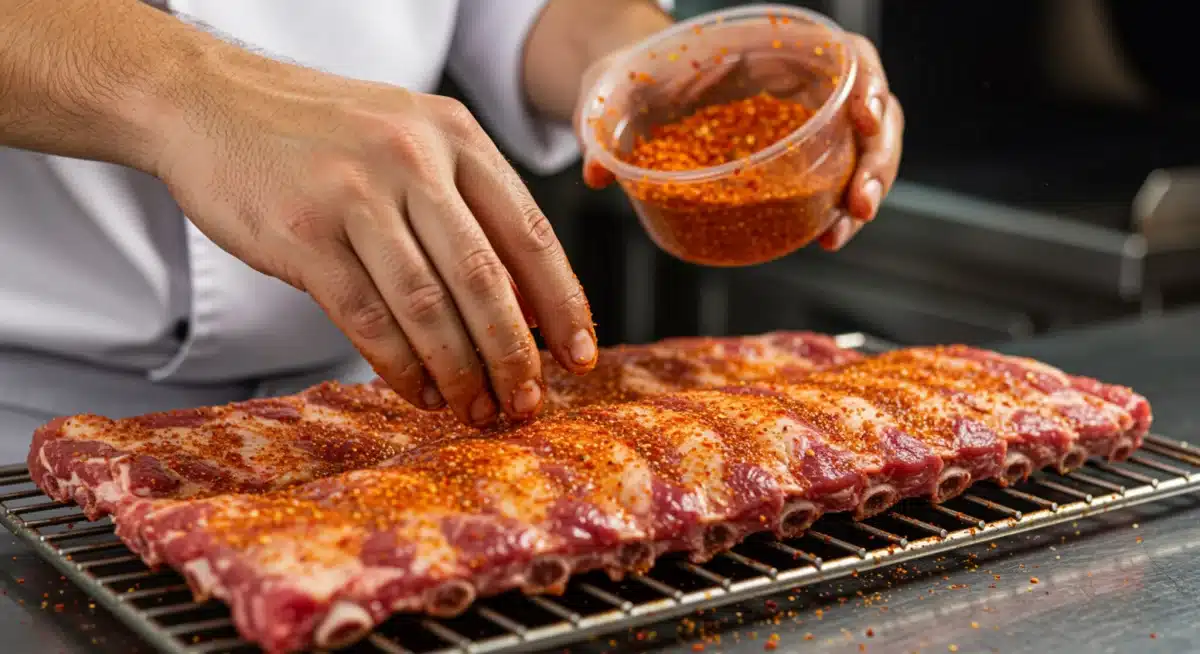 Chef applying dry rub to ribs for enhanced flavor