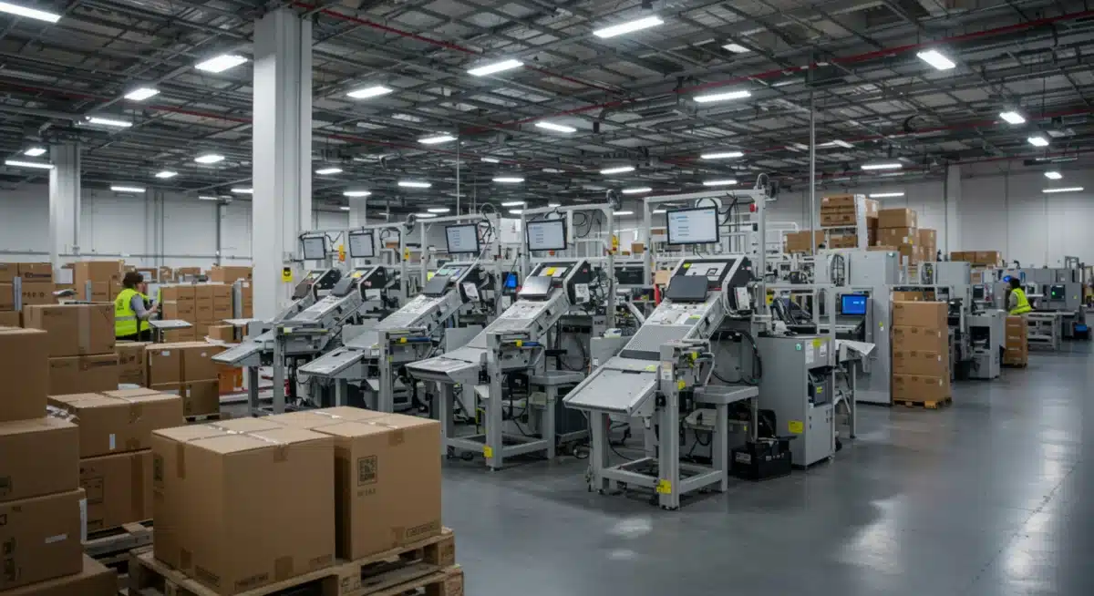 E-commerce warehouse with automation reflecting increased consumer demand and efficient logistics