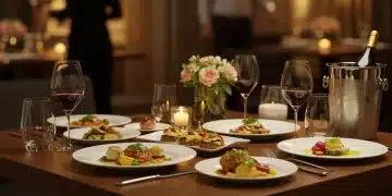 Elegant dinner party table setting with gourmet food and drinks