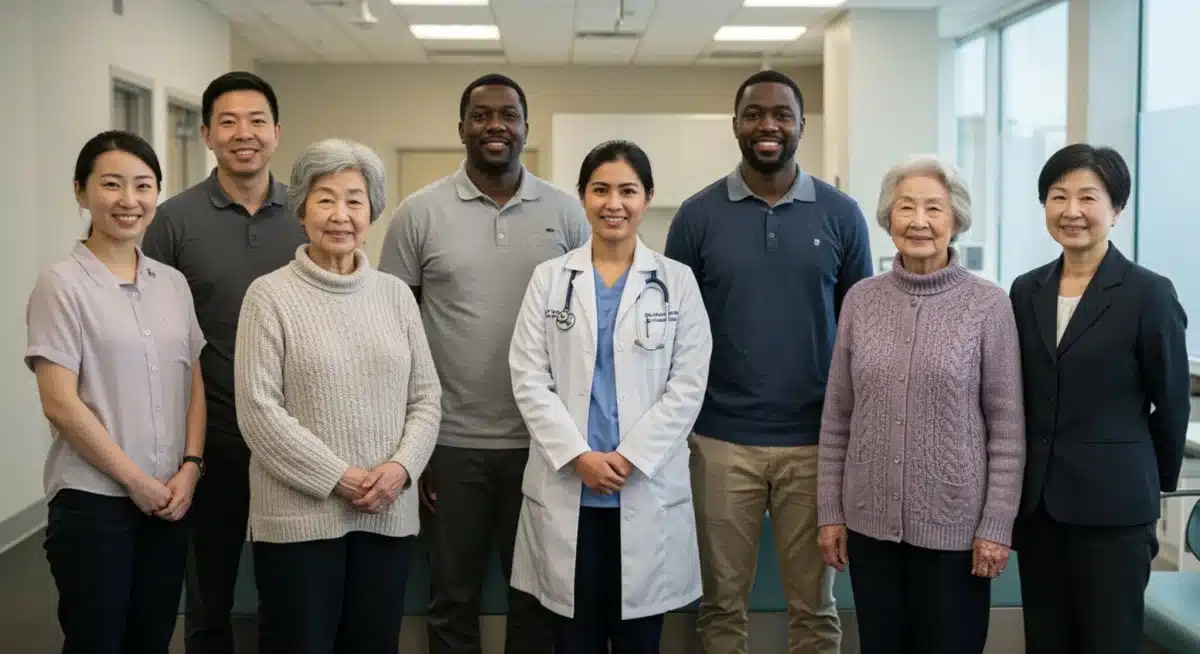 Diverse group of people accessing healthcare services in a clinic.