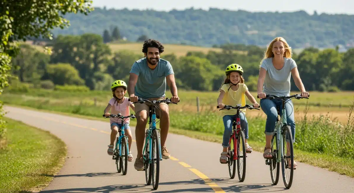 Family cycling for eco-friendly transportation and carbon reduction.