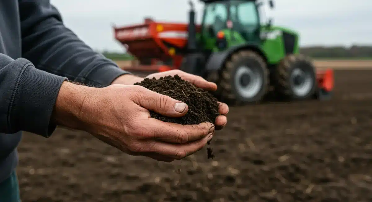 Farmer's hands holding healthy soil, symbolizing sustainable agricultural practices and resilience.