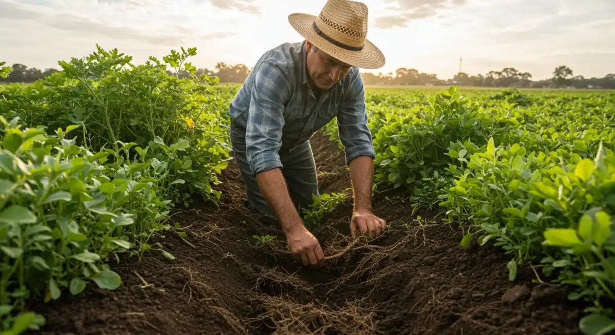 Farmer examining diverse cover crops and their roots to assess soil health.