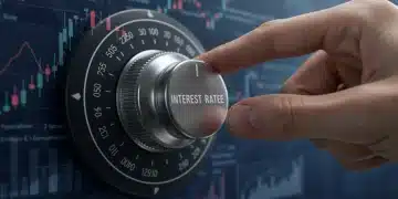 Hand adjusting Federal Reserve interest rate dial, economic charts