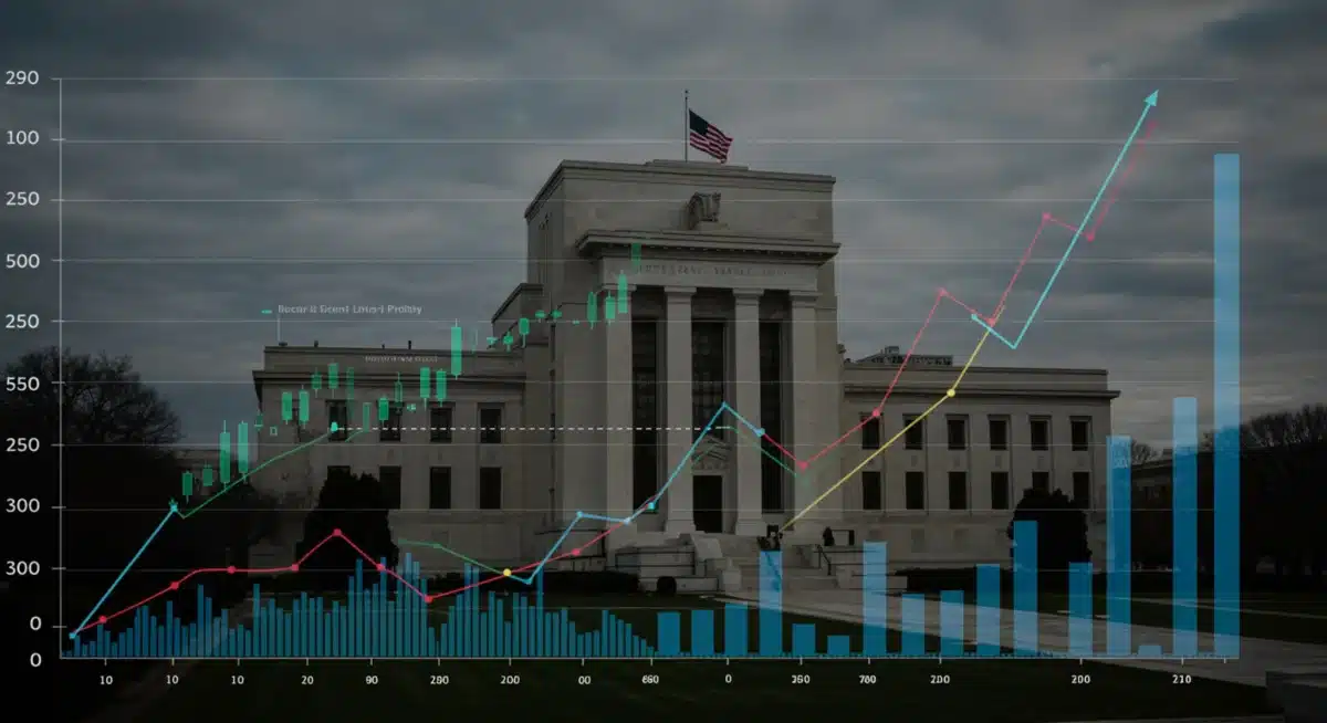 Federal Reserve building with interest rate policy graphs