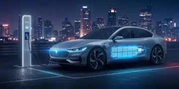 Futuristic electric car charging, showcasing advanced US battery technology