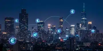Futuristic cityscape with digital fintech streams and glowing data, illustrating innovation in US finance.