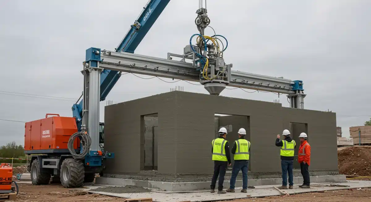 Large 3D printer constructing a home on-site, demonstrating automated building.