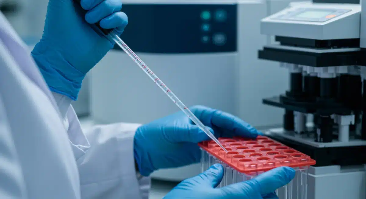 Scientist in lab pipetting DNA sample, symbolizing genetic research in personalized medicine.