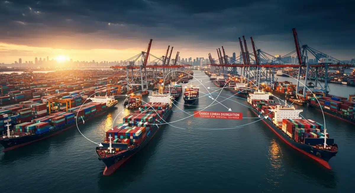 Illustration of disrupted global supply chains with cargo ships and intertwined routes, symbolizing trade challenges.