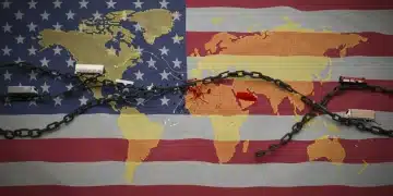 Illustration of global supply chain disruptions affecting the US economy, showing broken links and stress points.