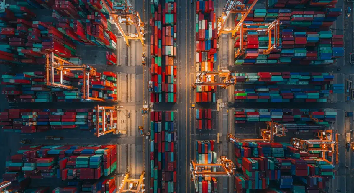 Global shipping port with container ships, illustrating international supply chains.