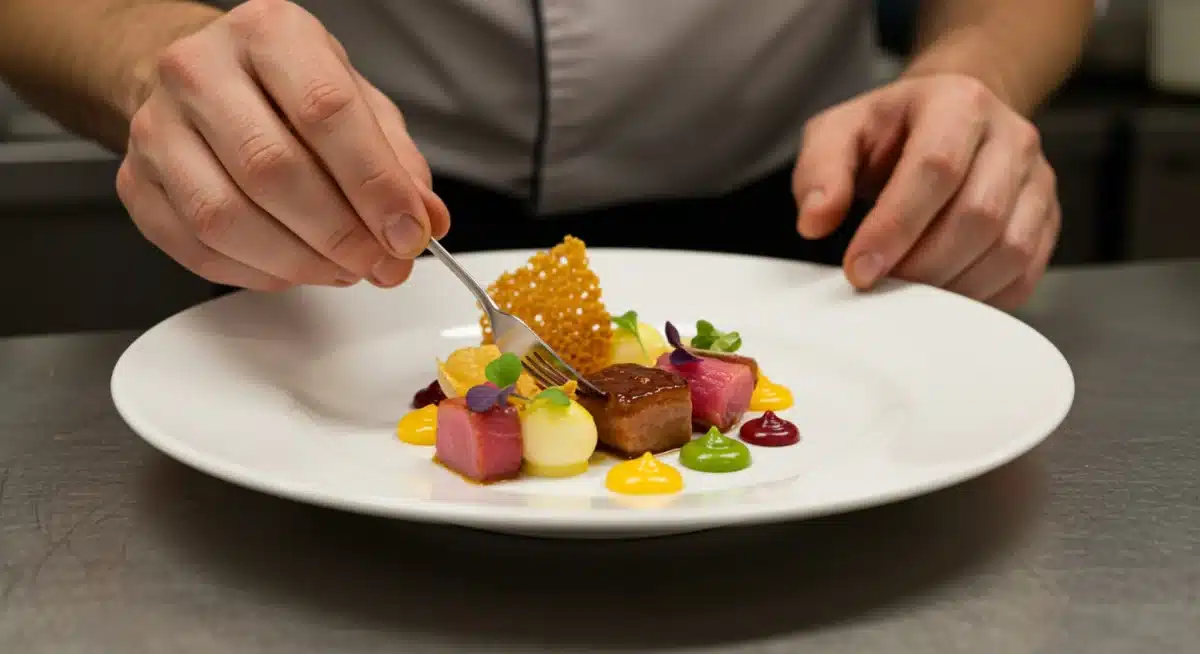 Chef meticulously plating a gourmet dish with intricate details